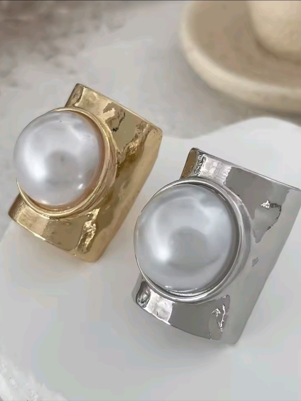 Silver Pearl Dome Statement Ring - White Pearl Accent - Picture 2 of 5